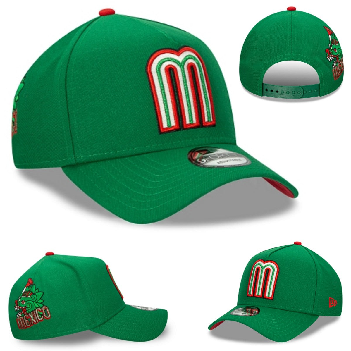 Green Snapback Cap with Embroidered Mexico Logo and Dragon Design