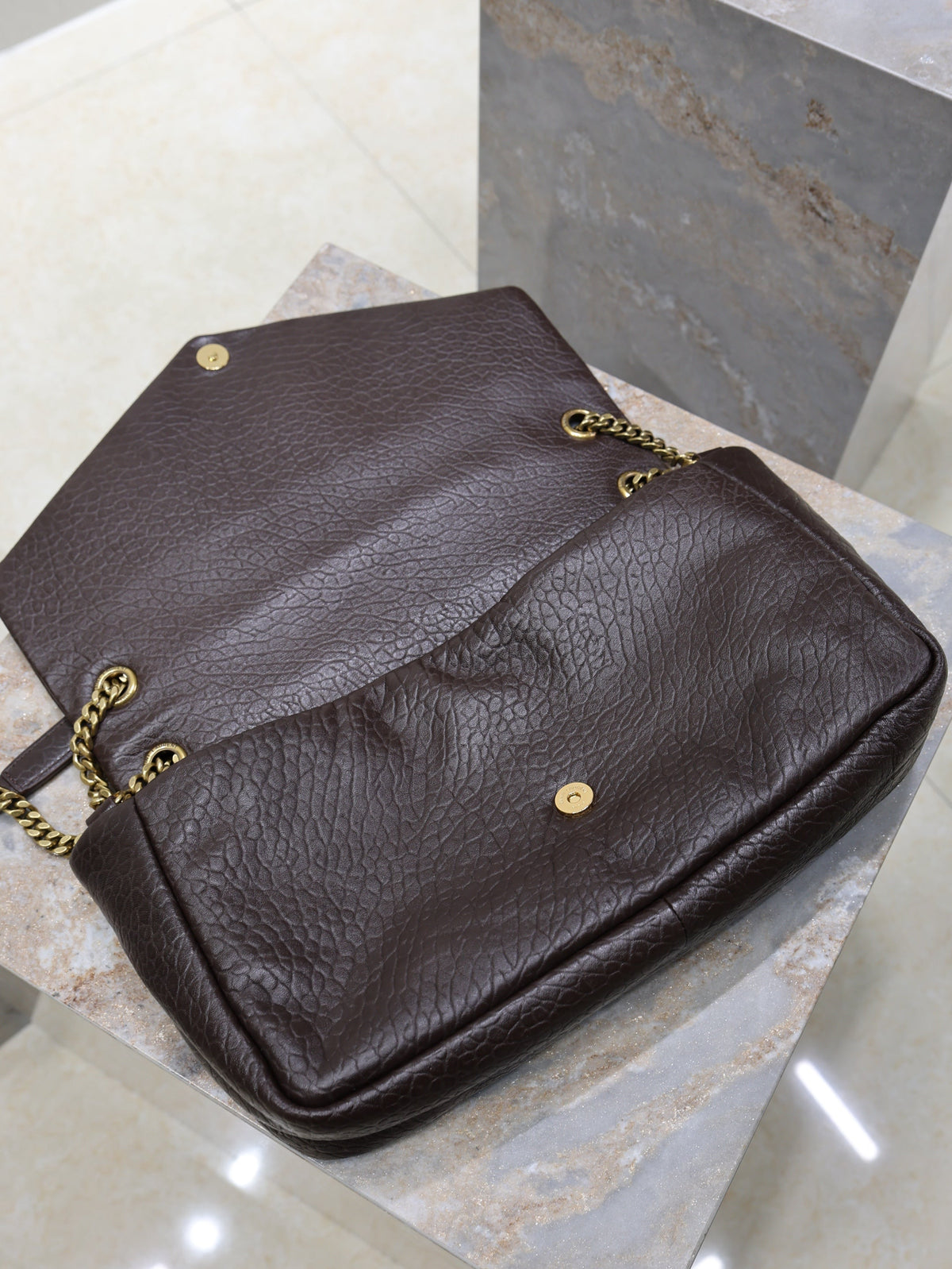 Saint Laurent 25S Calypso GM 38 in Dark Chocolate Calfskin Gold Hardware Bag