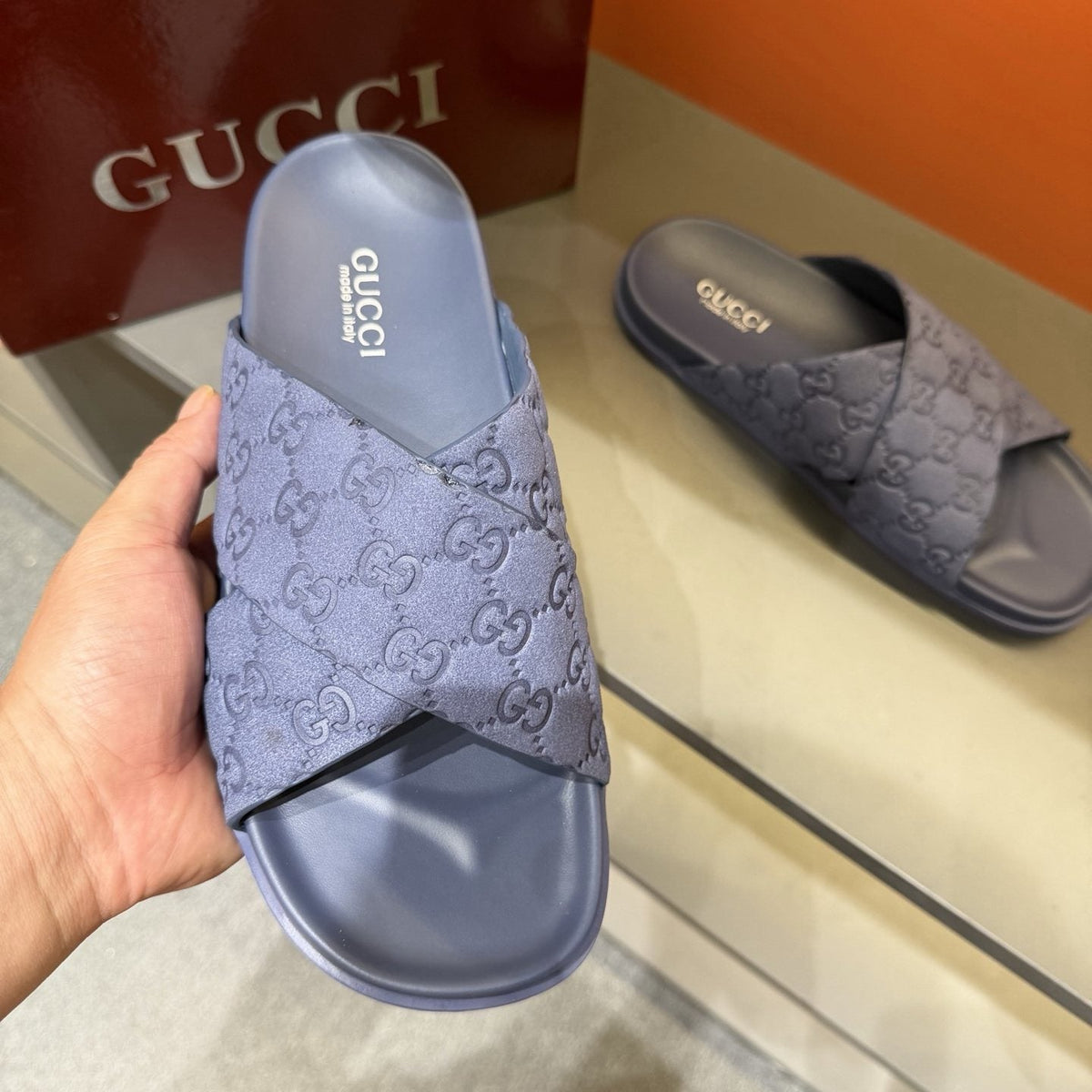 Gucci GG Monogram Crossover Slide Sandals — model